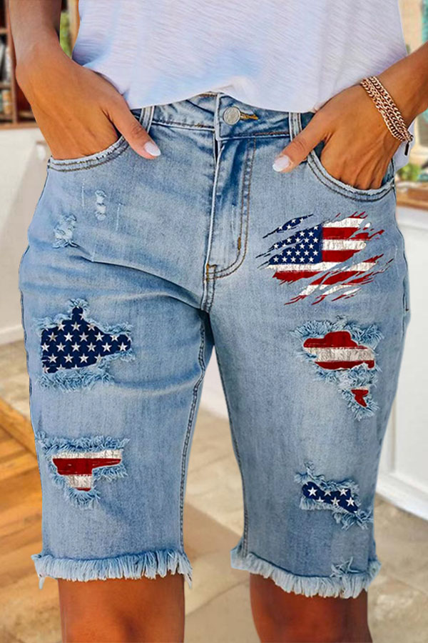 Vintage Ripped Usa Flag Denim Midi Pants