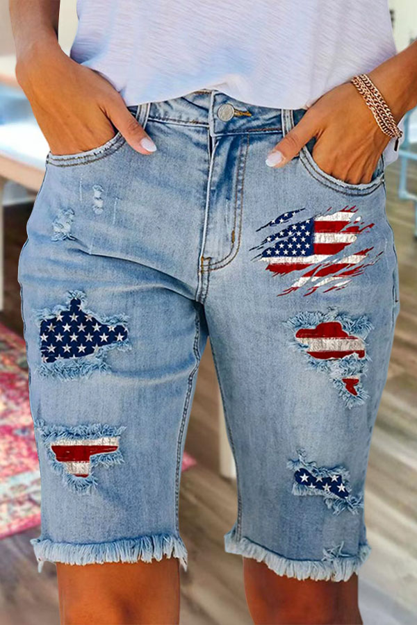 Vintage Ripped Usa Flag Denim Midi Pants